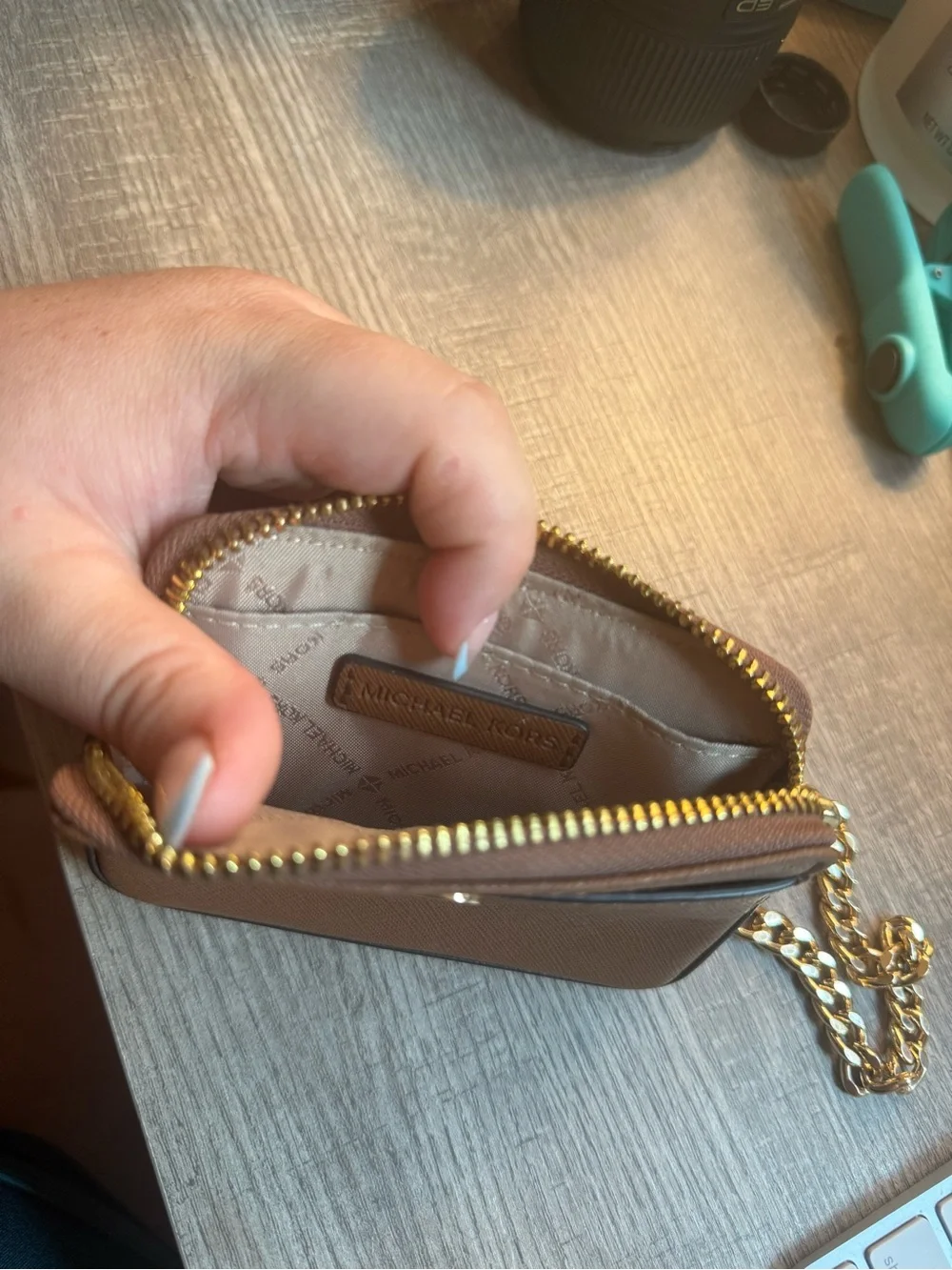 Michael Kors Tan Saffiano Leather Wristlet with Gold Chain